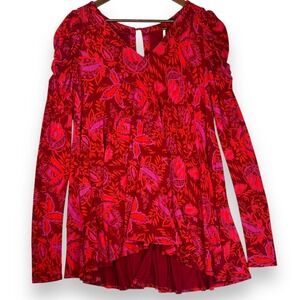 Free People Hello Lover Tunic Top Floral‎ Puff Sleeve Red Pink Boho Oversized XS